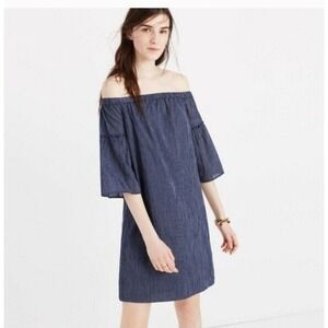 Madewell Off Shoulder Pinstriped Blue Chambray Dress 4 Bell Sleeve Small Spring